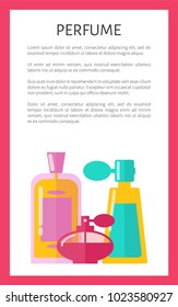 Perfume pattern color card vector illustration of three glass bottles with pink green and red liquid, red frame, text sample, isolated on white