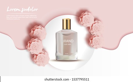 Perfume with peach rose and white wave background-Flower Paper Cut Banner-Vector Illustration