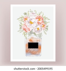 perfume with peonies peach and white flower watercolor illustration