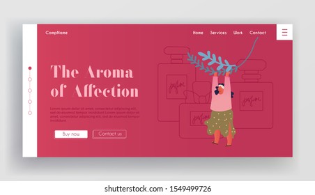 Perfume and Perfumery Creation Website Landing Page. Woman Perfumer Character Holding Herb or Plant Ingredient for Creating New Perfume Composition Web Page Banner. Cartoon Flat Vector Illustration