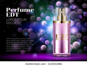 Perfume Pink Glass Bottle Product Advertising Realistic Composition on Blurred Purple Background with Sparkles and Rays. Modern Design Advertising for Sales. Vector Realistic 3d illustration