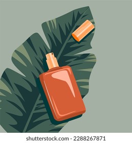 The perfume in a pink jar lies on a tropical leaf. Vector Beauty illustration of face body spray. A beautiful bottle of flavour. Suitable for spa, cosmetics and perfume shop