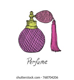 Perfume pink vintage bottle with inscription, hand drawn doodle 