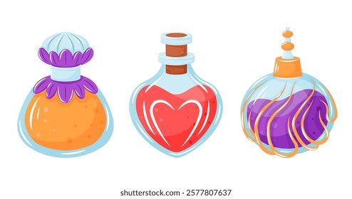 Perfume or potion bottle set in cartoon style. Aroma water bottles, fragrance and spray collection. Vector illustration isolated on a white background.