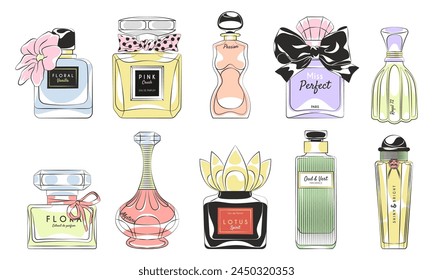 Perfume products. Designer glass bottles and flasks with toilet water, scented cologne, glass packages, pumps and sprayers, glamour container, aroma liquid, tidy vector aromatic cosmetic set