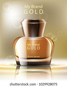 Perfume Realistic gold bottle Vector. Product packaging label designs