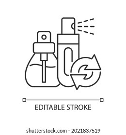 Perfume refill linear icon. Eco friendly package. Refillable sprayer. Dispenser with fluid. Thin line customizable illustration. Contour symbol. Vector isolated outline drawing. Editable stroke