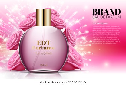 Perfume Rose Bottles on Soft Pink Background Flowers. Excellent Cosmetics Advertising Gentle. Cosmetic Package Design Sale or Promotion New Product. 3D Vector Illustration