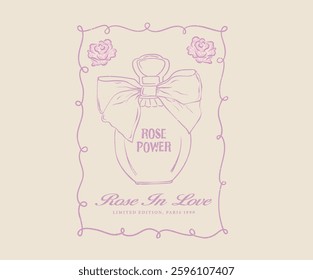 Perfume with rose flower design for t shirt print, poster, sticker, background and other. Bow and perfume bottle graphic design.