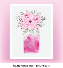 Perfume rose pink peony watercolor illustration