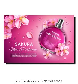 Perfume Sakura Creative Promotion Banner Vector. Aromatic Perfume Blank Vial Spray, Tree Flower Buds And Water Drops On Advertising Poster. Fragrance Essence Style Concept Template Illustration