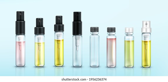 Perfume Sample Bottles Mockup Set, Fragrance In Small Vials With Pumps And Bungs. Beauty Aroma Products, Cosmetics Scent Full And Empty Package, Perfumery Collection Realistic 3d Vector Illustration