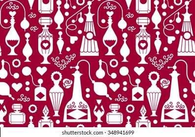 Perfume seamless background with silhouettes of bottles and tubes.