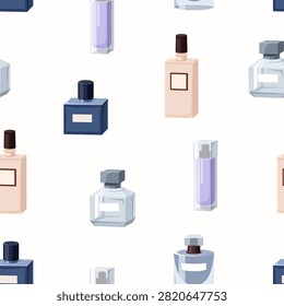 Perfume, seamless pattern design. Odor bottles, jars, endless background. Eau de toilette, toilet water, perfumery, repeating print for wrapping. Printable repeatable flat vector illustration