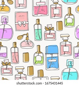 Perfume seamless pattern. Doodle glass bottles. Vector simple illustration