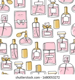 Perfume seamless pattern. Doodle glass bottles. Vector simple illustration