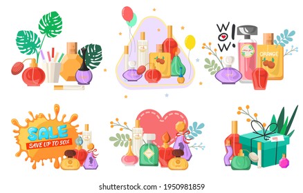 Perfume set, flat vector isolated illustration. Different perfume bottles with heart, gift box, balloon, text. Seasonal and holiday sale and discounts promo banners for perfume store.