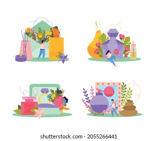 Perfume set of four flat compositions with flowers leaves aroma oil and jars with perfumery liquids vector illustration