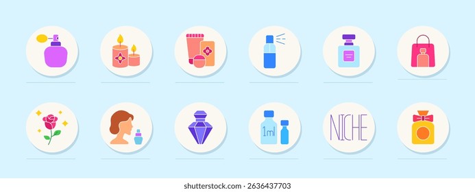Perfume set icon. Atomizer, scented candles, cosmetic kit, spray, bottle, shopping bag, rose, woman, flacon, tester, niche fragrance, luxury flacon.