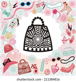 Perfume shoes bag lipstick glasses vector illustration 
