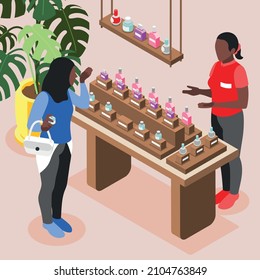 Perfume shop background with customer and choice symbols isometric vector illustration