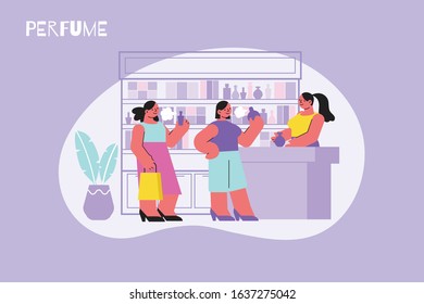 Perfume Shop Composition With Flat Female Characters In Cosmetic Store Environment And Shelves With Aroma Flasks Vector Illustration