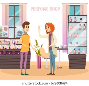Perfume shop composition with the seller advises the buyer at the store vector illustration