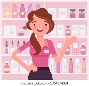 Perfume Shop Female Attractive Employee, Assistant. Smiling Girl Happy To Help Choosing, Finding Fragrance In A Store. Vector Flat Style Cartoon Illustration, Beauty Product Shelf Display Background