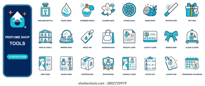 Perfume Shop flat icon set. 24 vector line icons: perfume bottle, scent drop, atomizer spray, flower note, citrus slice, wood note, tester strip. Editable isolated symbols for web, app and infographic