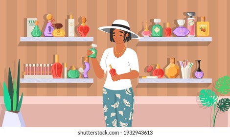 Perfume shop. Happy woman holding perfume bottles, flat vector illustration. Perfumery, department store interior with shelves full of fragrance products.