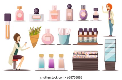 Perfume shop icon set with cosmetic corners shop windows and cosmetic products vector illustration