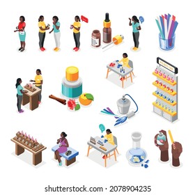 Perfume shop recolor icons set with scent and aroma symbols isometric isolated vector illustration