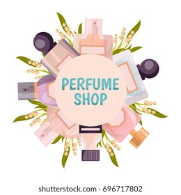 Perfume shop round frame background in pastel tones with flacons and lily of valley vector illustration