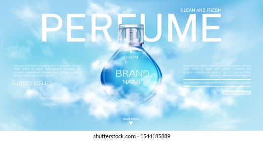 Perfume Spray Bottle In Cloudy Sky Landing Page Mock Up Banner. Glass Flask Mockup On Blue Heaven Background With Clouds. Scent Fragrance Cosmetic Product, Promo Ad Realistic 3d Vector Illustration