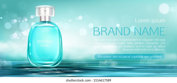 Perfume spray bottle mock up banner. Glass flask packaging design mockup on water surface blurred background. Scent fragrance cosmetic beauty product, promo ad banner. Realistic 3d vector illustration