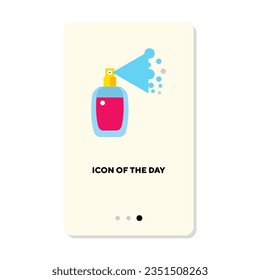 Perfume spray bottle with red liquid flat icon. Vertical sign or vector illustration of cologne bottle, fragrance. Glamour, cosmetics, odor, perfumery concept for web design and apps