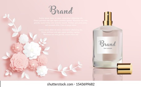 Perfume in spray bottle- rose and white flowers on peach background-Perfume in Flower Paper Cut Banner-Vector Illustration