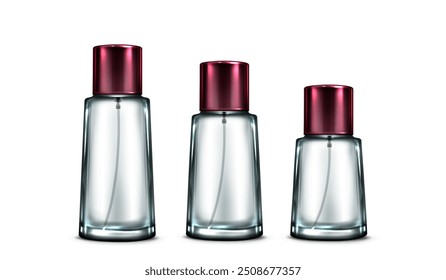 Frascos de spray perfume conjunto isolado no fundo branco. Ilustração vetorial realista de recipientes transparentes de vidro ou plástico de diferentes tamanhos com tampa vermelha, fragrância ou maquete de produto de cuidados com a pele