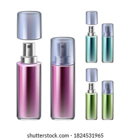 Perfume Sprayer Bottles Collection Set Vector. Aromatic Liquid Glass Transparency Blank Bottles With Spray Different Color, Elegant Female Accessory. Aroma Cosmetics Layout Realistic 3d Illustrations