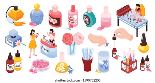 Perfume sprays bath aroma toilet water essential oils testers natural fragrances bottles isometric icons set vector illustration 