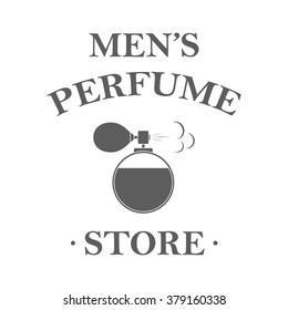 Perfume store badge in retro style. Men's perfume store logotype with bottle. Isolated perfume label on white background. Use for perfume shop advertising, window signage. Vintage style vector emblem.