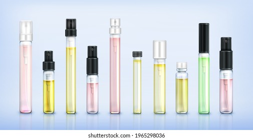 Perfume tester glass bottles. Fragrance sample in transparent tubes with black and white spray caps on blue background. Vector realistic set of 3d perfumery testers in clear vials