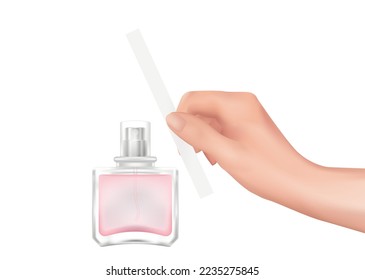 Perfume tester in hand. Holding white blank paper template, vector realistic illustration of female hand with scent sample. Woman wrist with manicure. Glass bottle of the perfume, pink aroma liquid.