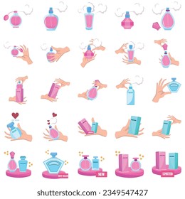 Perfume vector illustrations set. Different images of perfume bottles.