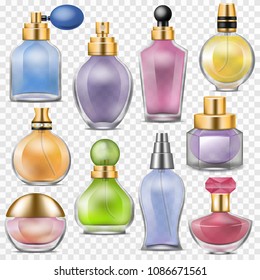 Perfume Vector Perfumed Aroma In Glass Bottle Or Fragrance Spray For Scented Woman Illustration Perfumery Set Of Female Beauty Scent Isolated On Transparent Background