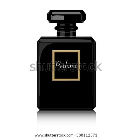 Perfume vector print. Black bottle haute couture, beauty stylish illustration. Aroma liquid. Cosmetic fragrance