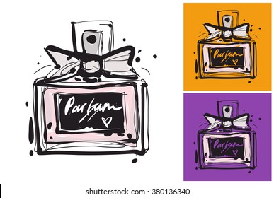Perfume vector sketch in fashion style on white, yellow and purple background.
