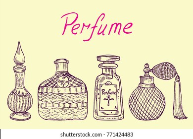 Perfume vintage collection of outline bottles from different countries (Arabic, German, French, American) with inscription, hand drawn doodle sketch, isolated vector color illustration