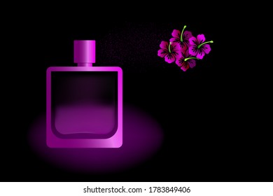 Perfume water is sprayed from a glass bottle. Flower buds emphasize the bright and feminine fragrance of the perfume composition.