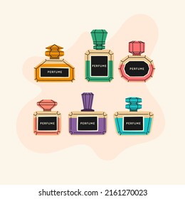 Perfume para las mujeres. Un conjunto de imágenes de botellas de perfume. Una hermosa imagen vectorial en un estilo de moda para el diseño.